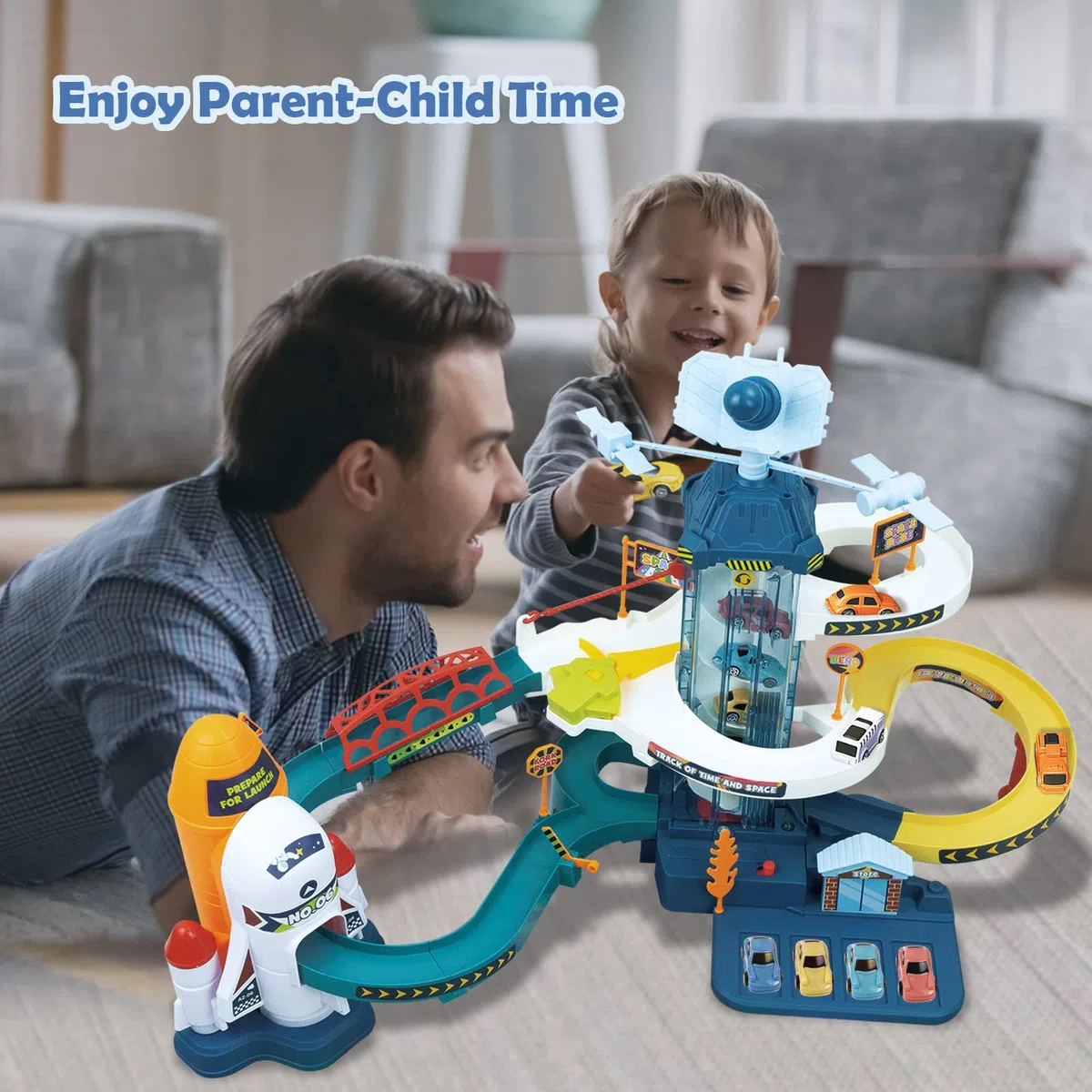 RedCrab Ascensore per auto da corsa per ragazzi, rampa spaziale per bambini rampa per arrampicata colline parcheggio avventura playset, auto satellitari garage pista con ascensore elettrico giocattolo