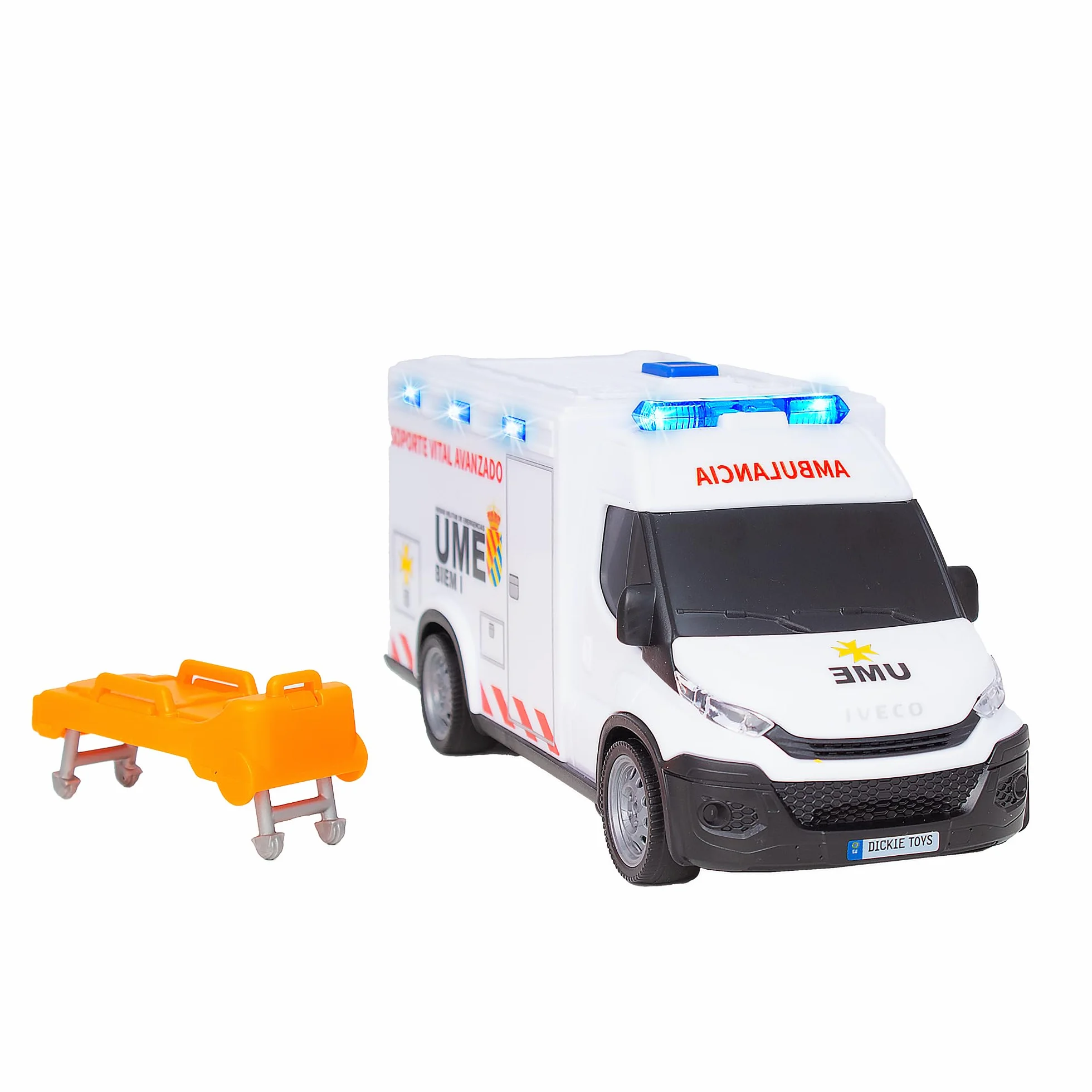 Dickie Toys - Ambulanza IVECO UME 18 cm, Ambulanza giocattolo, Luce e Suono, Ruota con Girata Libera, con Barella, Veicolo Giocattolo Bambini Ragazze a partire dai 3 anni (203713014SI5)