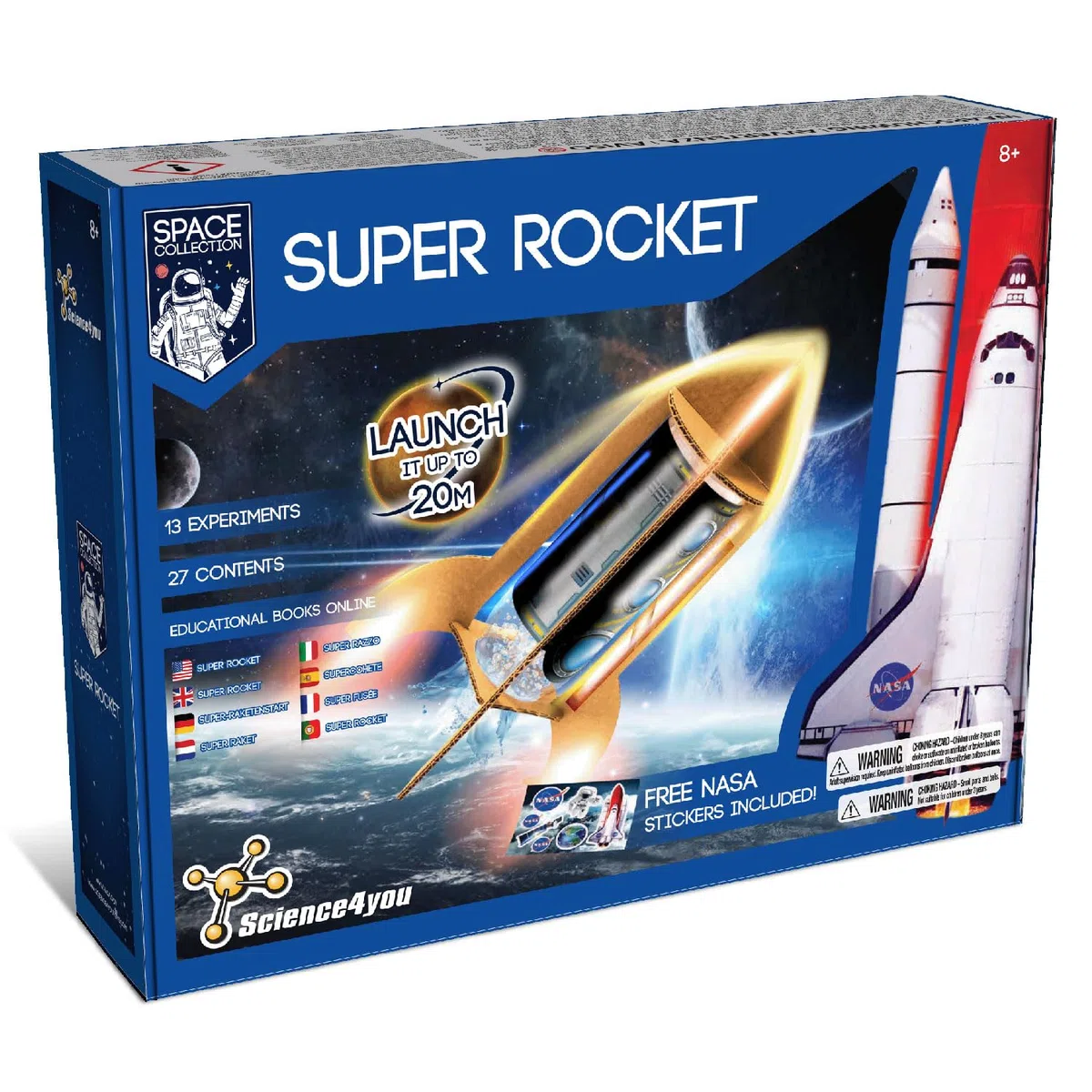 Science4you Super Lanciarazzi NASA - Gioco Spaziale con 13 Sperimenti per Bambini, Crea i tuoi Rocket Launcher, 20 Metri di Altezza, Giochi STEM + Adesivi NASA, Regalo per Bambino e Bambina 8+ anni