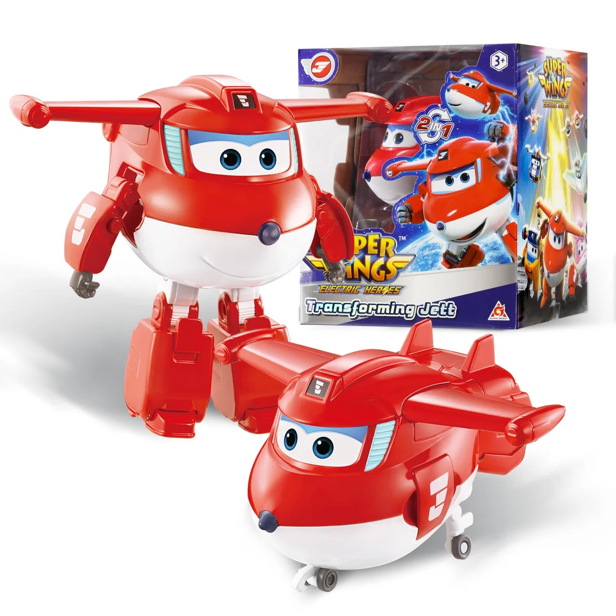 Super Wings Transformable aeroplano Supercharged Jett, altezza circa 12,7 cm, Figura d'azione 2 in 1, aeroplano giocattolo e figura robotica per bambini e bambine a partire da 3 anni