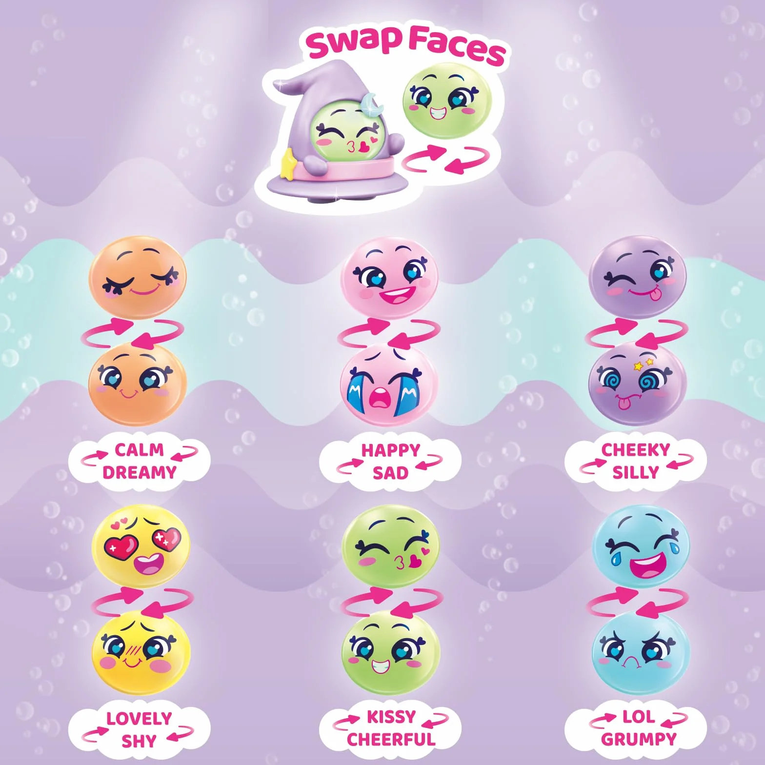 MOJI POPS Pearl Series - One Pack. Scatola con 24 buste a sorpresa con personaggi da collezione con faccine reversibili. Ogni bustina contiene 1 Mojipop Sorpresa e 1 Checklist