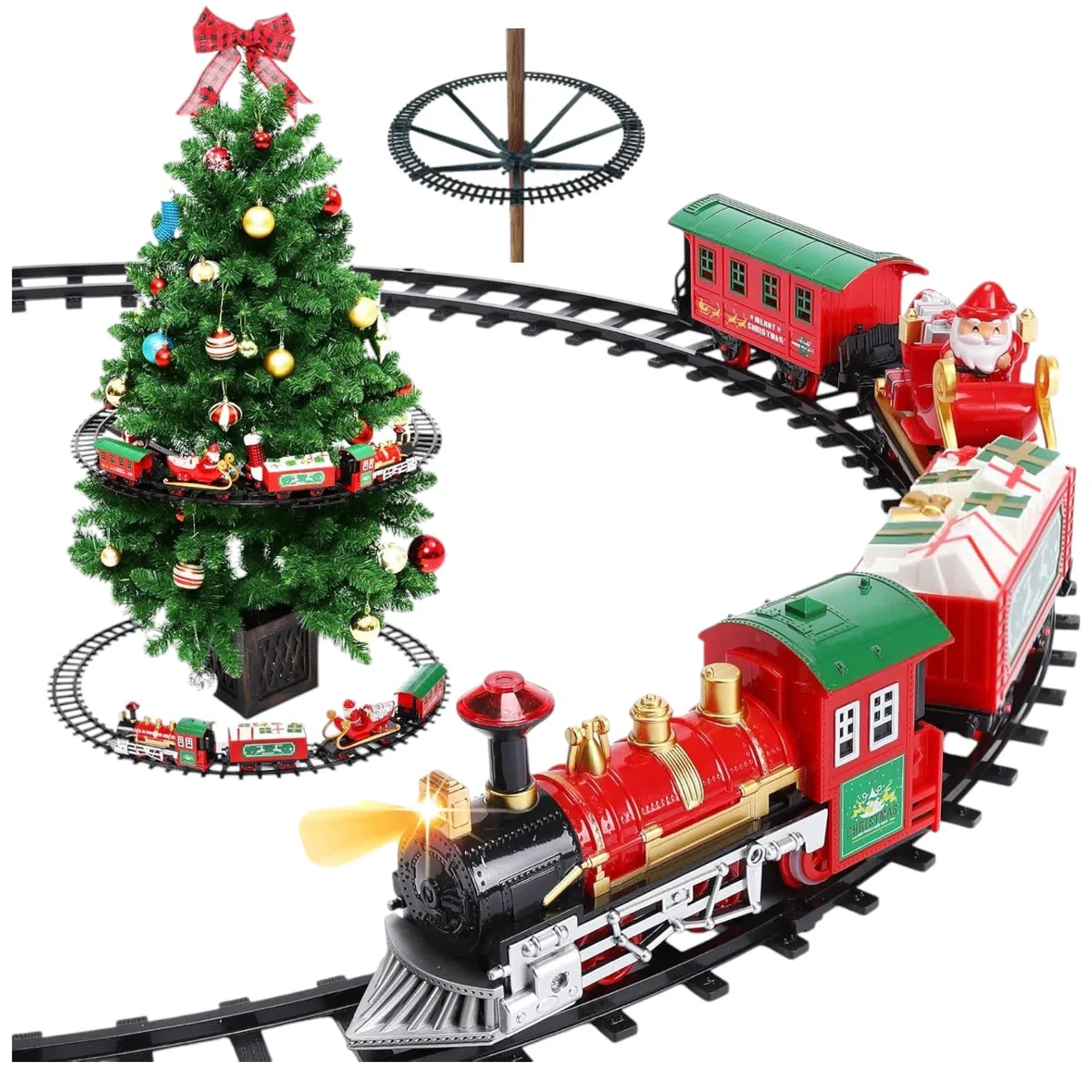 Trenino per Albero di Natale con Supporto Installazione per Albero di Natale - Riproduce Suoni, Dotato di 3 vagoni ed 1 Locomotiva