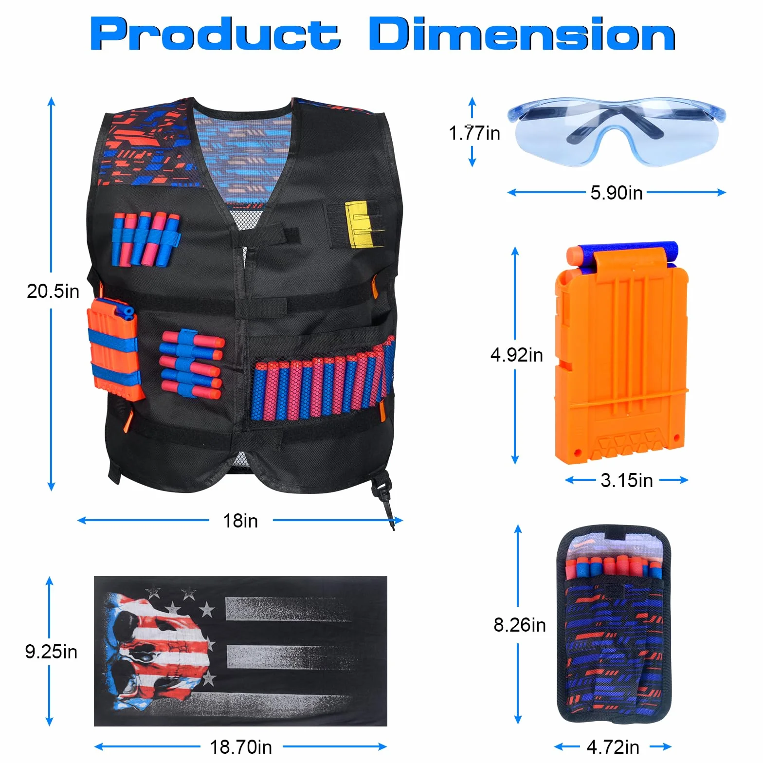Gilet Tattico per Bambini Nerf con Set Serie N Strike Elite, Accessori con Caricatori Ricarica Rapida, Fasce Polso, Occhiali, Bandana per Ragazzi e Ragazze