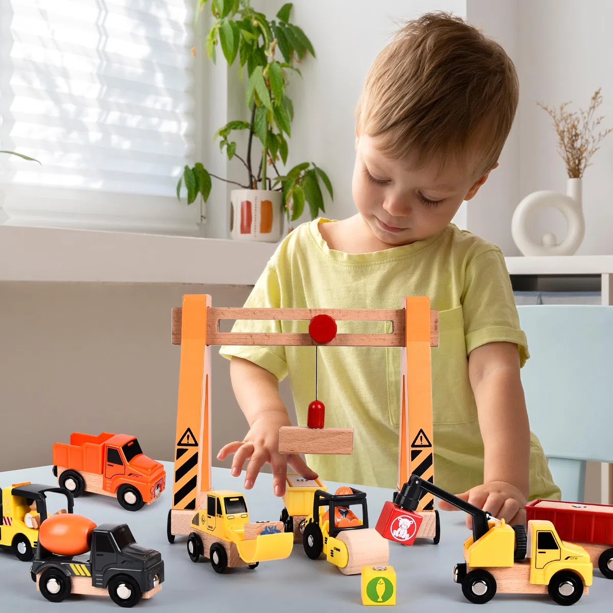 Buzzoxerex Veicolo da Cantiere in Legno per Bambini, Magnetico Veicoli Gru Giocattolo con Gru a Cavalletto, Rullo compressore, Carro Attrezzi, Veicoli da Costruzione Regalo Bimbo dai 3 anni