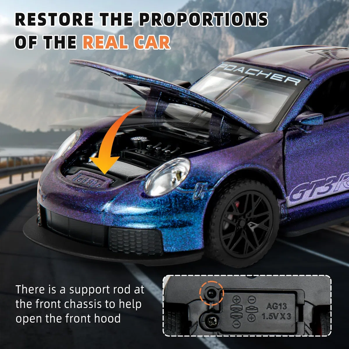 911 GT3RS 1:32 Modellino, Macchinine in Metallo Pressofuso, Giocattoli per Bambini con Suoni e Luci con Funzione pull-Back per Bambini dai 3 Anni in su e Collezionisti di Auto (Viola)