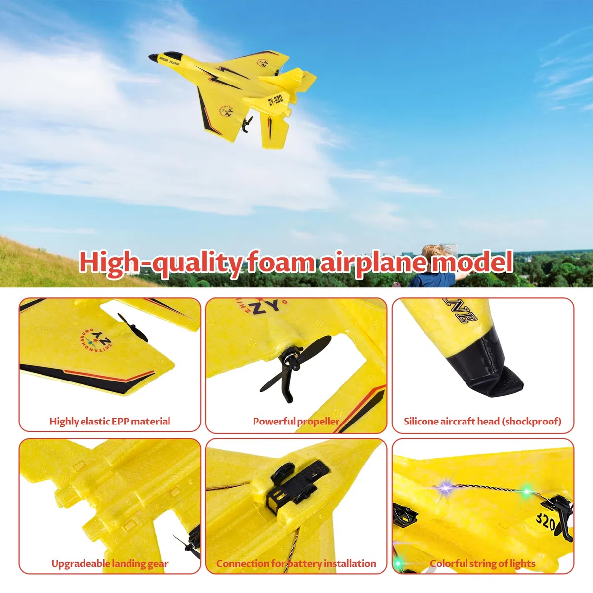 Aereo RC 2 Canali, Stabilizzatore Giroscopico da 2,4 GHz Aereo per Aliante, Facile da Pilotare per Adulti Bambini Principianti, Ricarica USB, Illuminazione Fantastica, Giallo