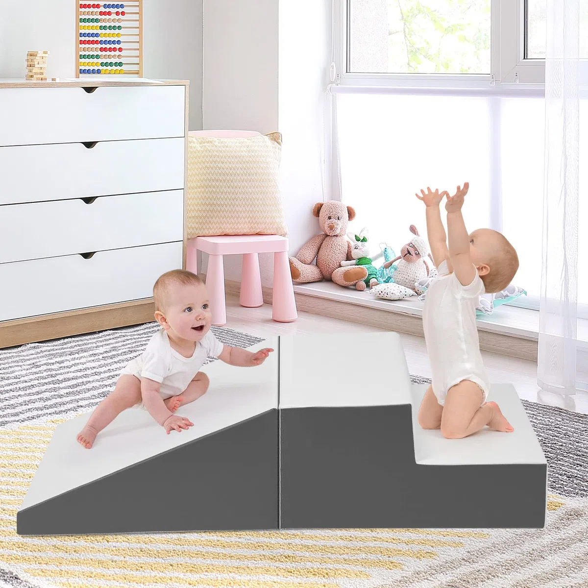RELAX4LIFE Set di 2 Blocchi in Schiuma per Bambini, Scaletta e Trapezio da Assemblare e per Arrampicarsi, Centro Attività Componibile per Bambini (Bianco)
