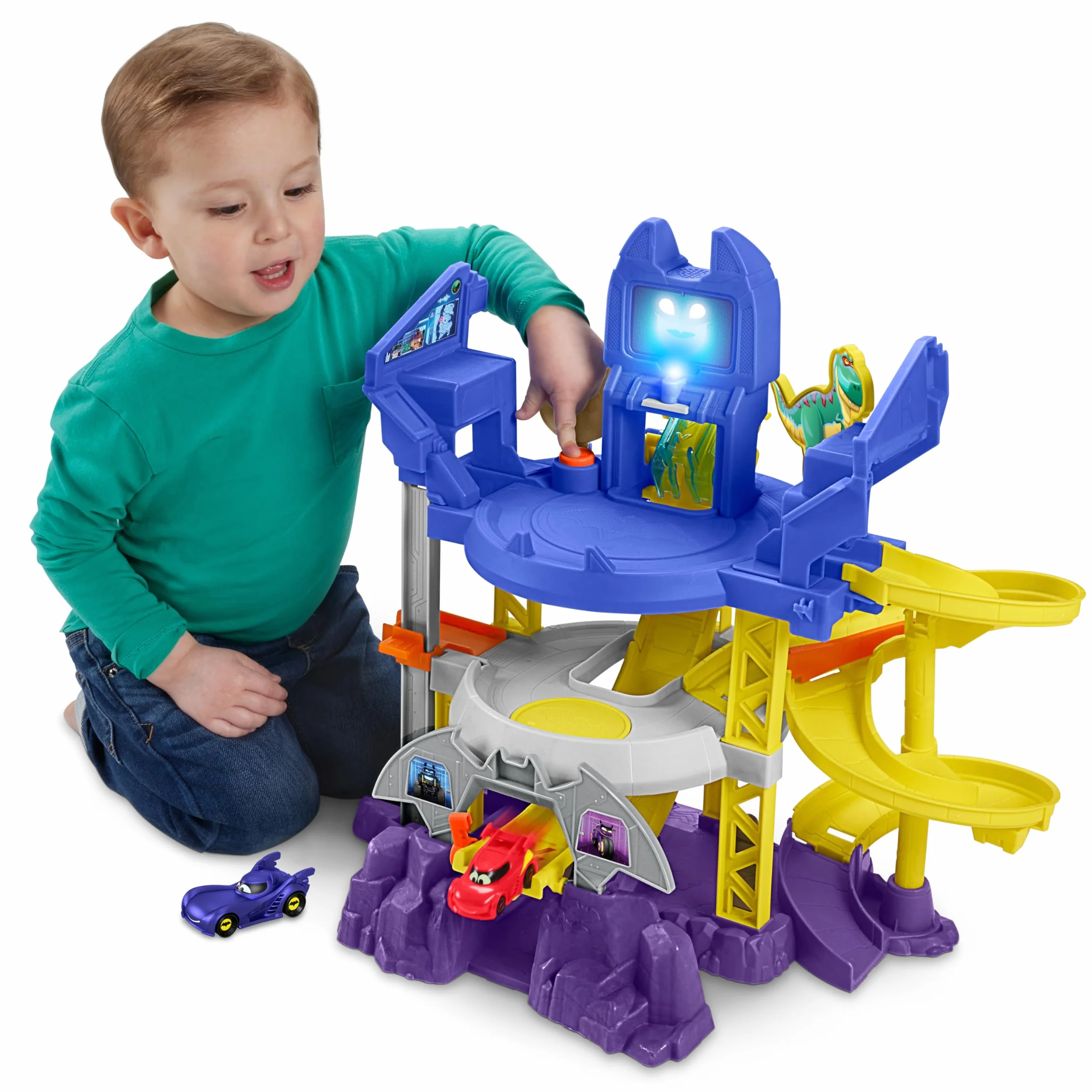 Fisher-Price DC Batwheels - Batcaverna Lancia e Sfreccia, playset con 3 piani di gioco, luci e suoni, veicoli Bam la Batmobile e Redbird inclusi, giocattolo per bambini, 3+ anni, HRJ21