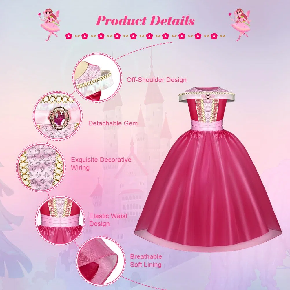 Costumi Principessa, 6 PCS Vestito Bambina Bella Addormentata Costume con Accessori, Ragazza Abiti Principessa Abito Principessa Rosa da Carnevale Halloween