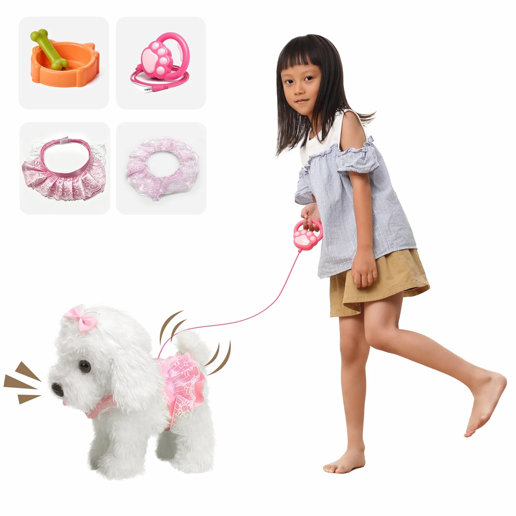 OR OR TU Giocattoli per cani da passeggio per bambini con telecomando in peluche robot cane realistico elettronico animali domestici cucciolo, camminare e abbaiare su un guinzaglio