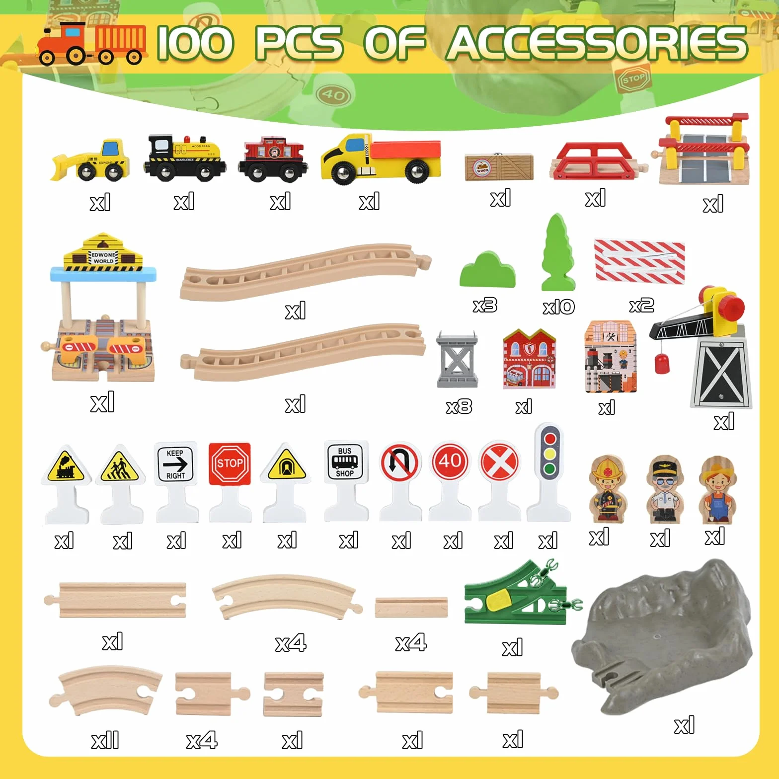 HERMORRYSS Treni in Legno per Bambini, Set di 100 pezzi Treni e Giocattoli in Legno, Ferrovia Ingegneristica con Gru Magnetica, Treno Elettrico, Figure Umane, Luci di traffico, Regalo per Bambini 3+