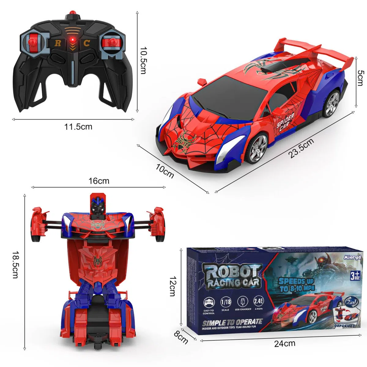 Macchina Telecomandata, 2.4GHz Trasforma Robot & RC Auto da Corsa Radiocomandata Giochi Esterno Giocattolo, Spider Cars Macchinine per Gioco Regalo Compleanno Natale Bambino Bimbi 3 4 5 6 7 8 9 Anni