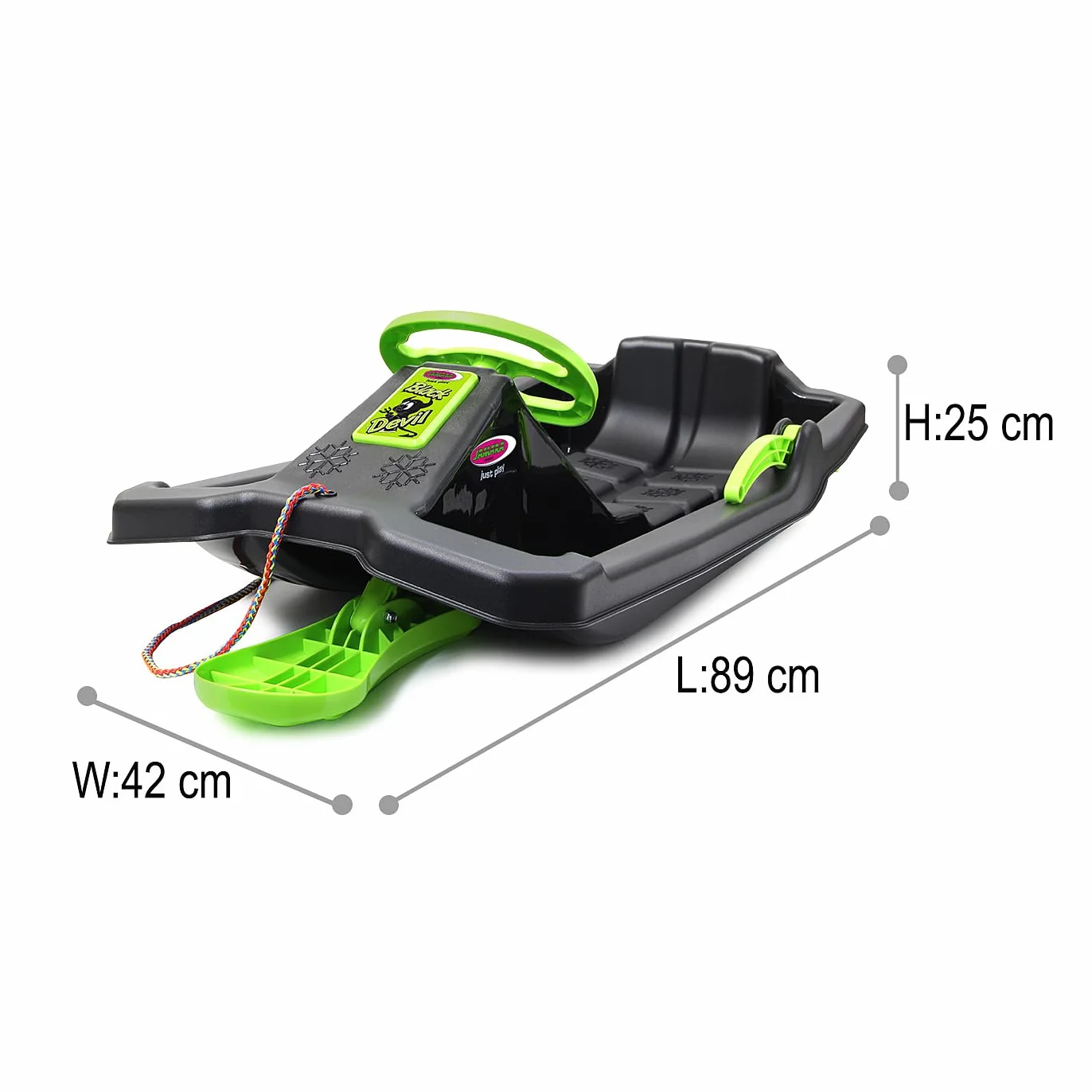 Snow Play Bob - Black Devil, Bob Neve Snowfun Invernale divertente slitta, volante, freno, freno a mano, dai 3 anni in su, comoda seduta per una posizione ottimale di scivolamento, nero