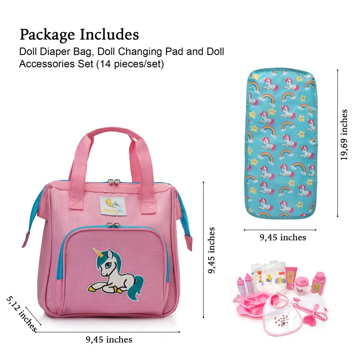 HappyVk- Doll Diaper Bag with Accessories- Unicorn Embroidery
