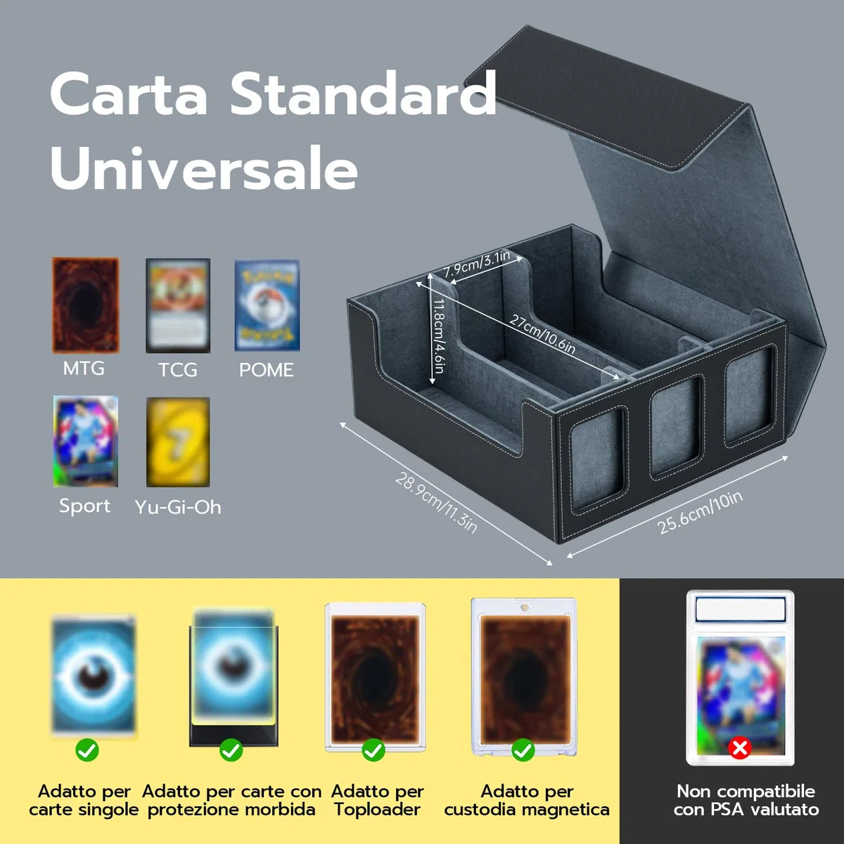 Commander Deck Box per MTG con 3 carte Magnetiche 35PT, Scatola per 1800+ Carte con 10 Divisori e 6 Clip, Adatta per Scatola Porta Carte Collezionabili Toploader da 3"x4" per Magic TCG–Nero