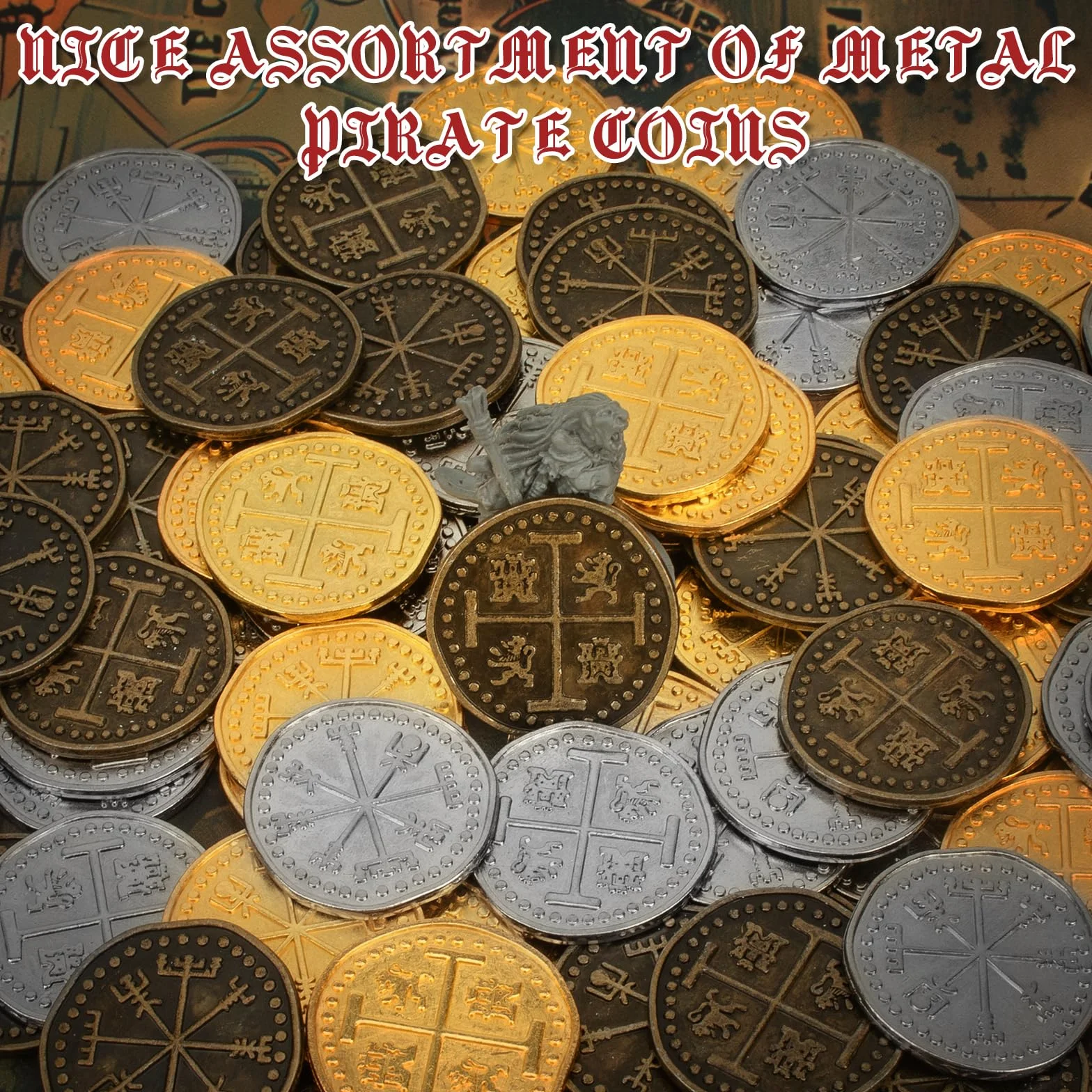 Byhoo 36 Pcs Metallo Pirata Token Set Monete Set Realistico Tesoro Spagnolo Monete per Pirati Scrigno del Tesoro Caccia del Tesoro Cosplay Giocattoli Da Tavolo