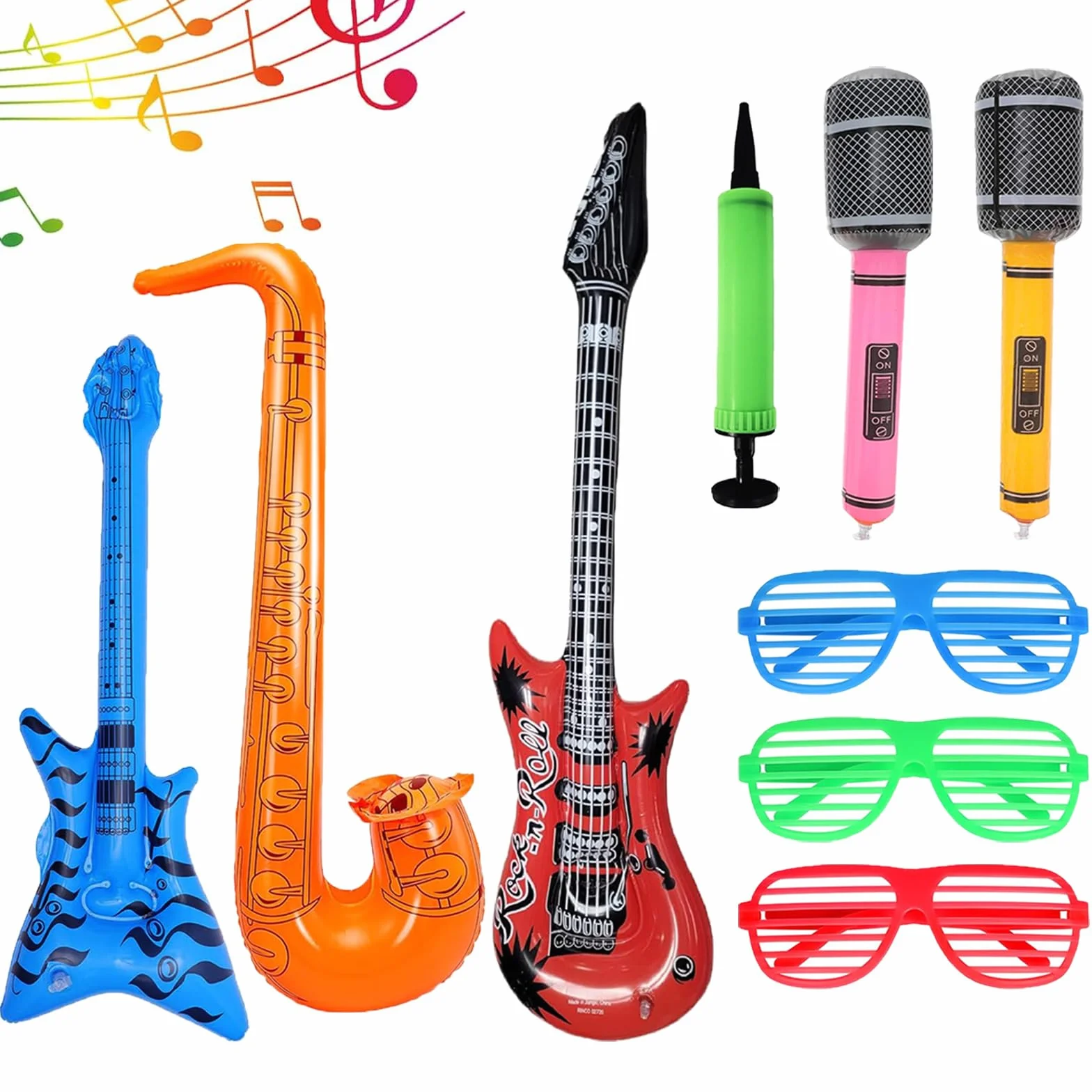 Strumenti Gonfiabili Musicali set di 9 Giocattoli Gonfiabili Rock Star Chitarra Giocattolo 90 cm Chitarra Elettrica Gonfiabile Adatto per Feste a Tema Palloncini, Feste di Compleanno ecc.