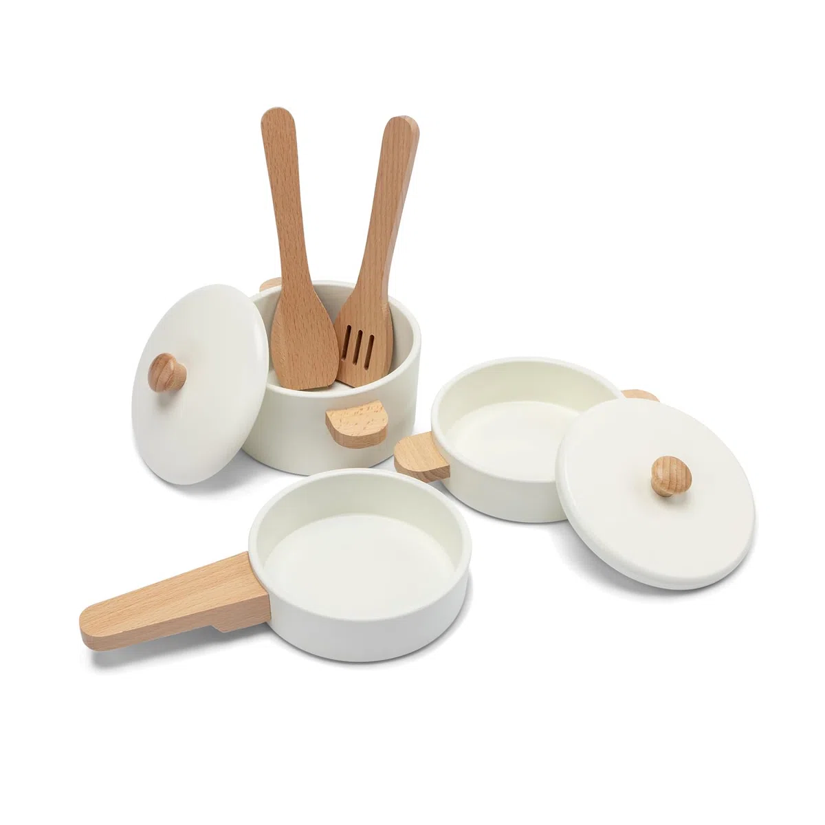 Woet® – Giocattolo da Cucina in Legno per Bambini Piccoli – Set di Pentole e Padelle Bianco 7 Pezzi – Accessori Cucina Giocattolo – A Partire da 2 Anni – Regalo per Bambini