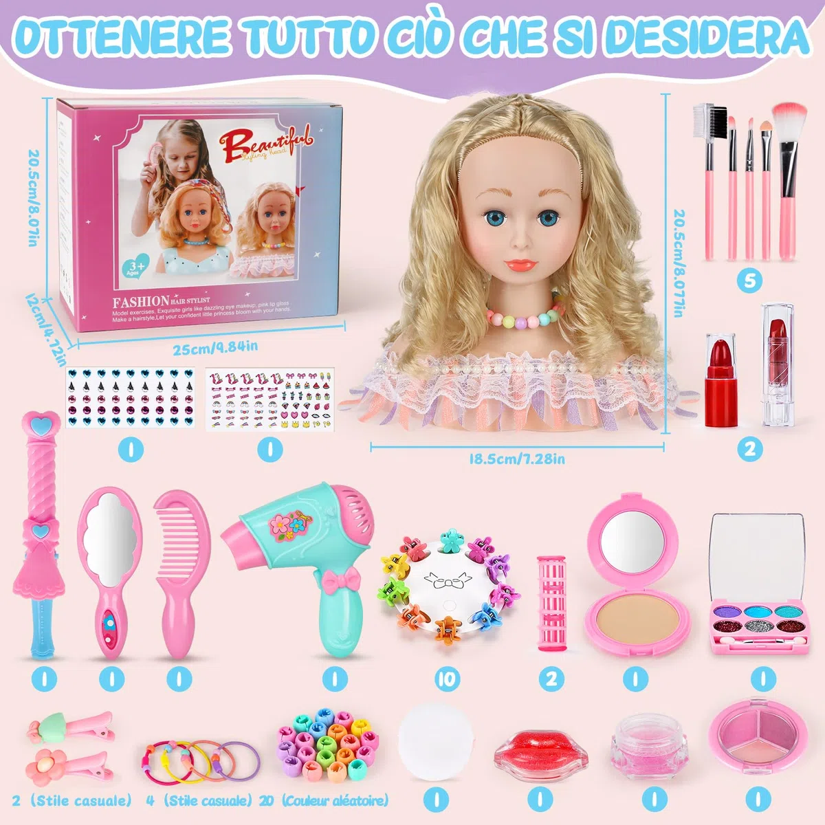 BuzzoXerex Testa Bambola da Truccare e Pettinare, 58 Pezzi Testa da Pettinare Bambina, Bambola da Truccare Regalo di Compleanno, Natale per Bambini a Partire Dai 3 Anni (Rosa)