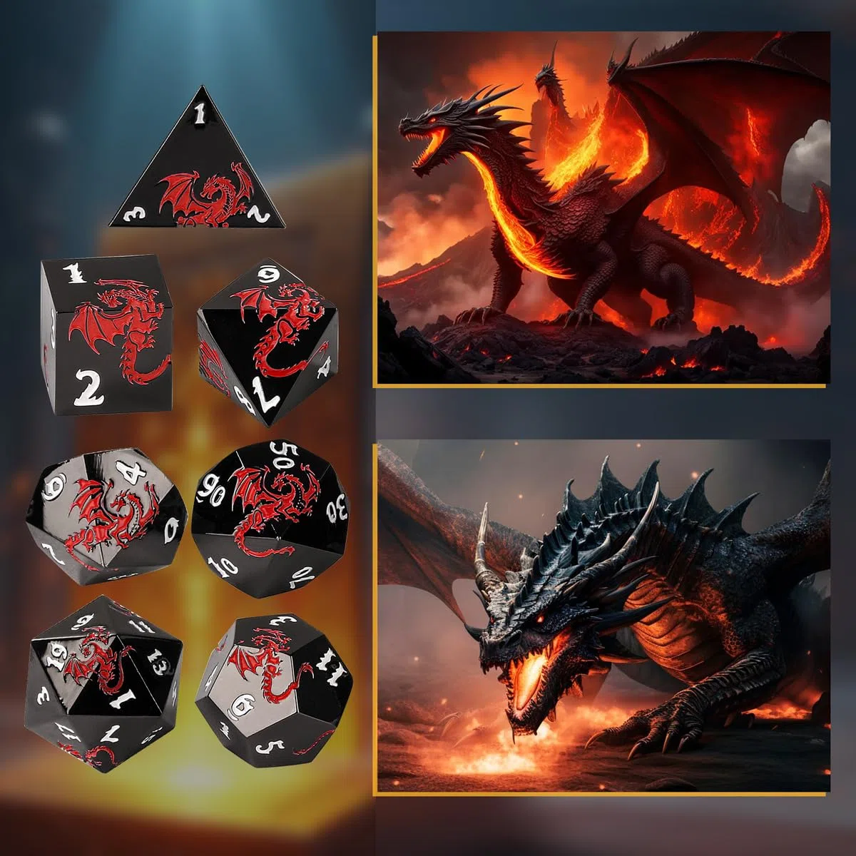 Set di 7 dadi poliedrici in metallo, motivo drago rosso piatto, D&D, con sacchetto regalo, D4 D6 D8 D10 (00-90 e 0-9) D12 D20, dadi per giochi di ruolo per D&D MTG, neri