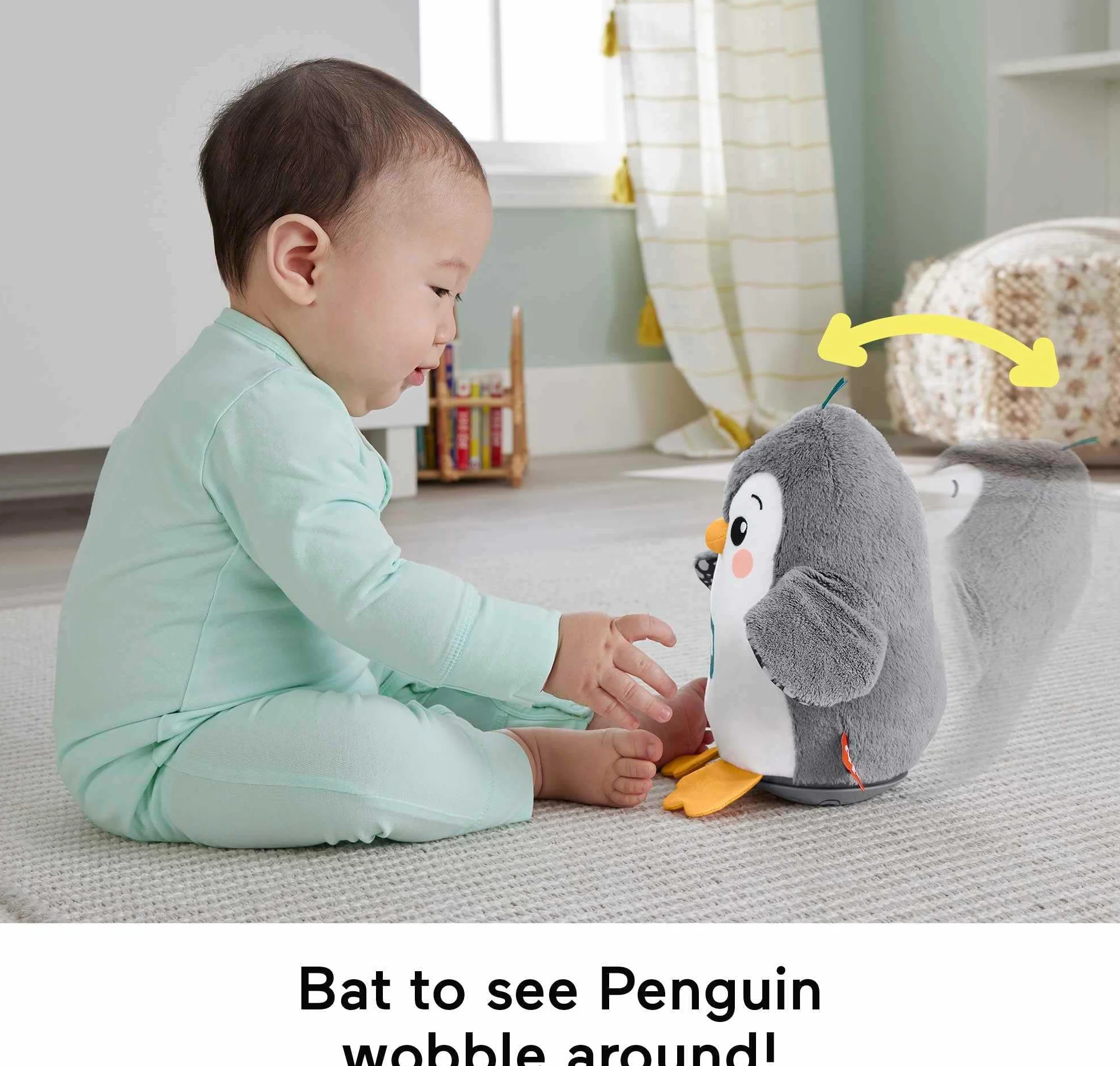 Fisher-Price - Pinguino Dolci Coccole, peluche sensoriale con musica e ali che si muovono, per il gioco interattivo da distesi sul pancino, giocattolo per bambini, 0+ anni, HNC10