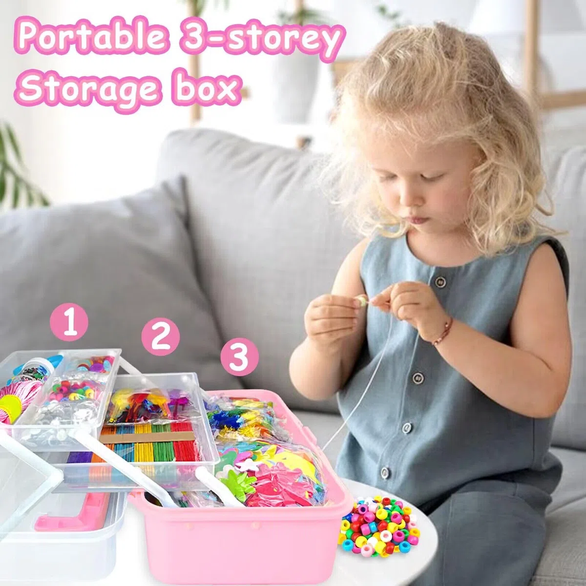 3000 Pezzi Lavoretti Creativi per Bambini DIY Art Craft Set Scovolini Colorati per Lavoretti per Bambini Scatola artigianale 3 strati Materiale scolastico fai da te Regali per Ragazze e Ragazzi, Rosa