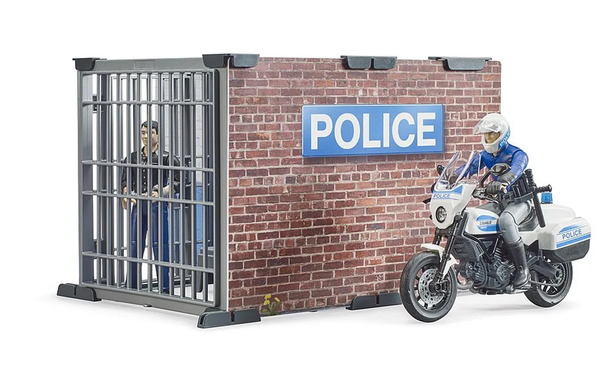 bruder 62732 - stazione di polizia bworld con moto della polizia, veicolo di emergenza, prigione