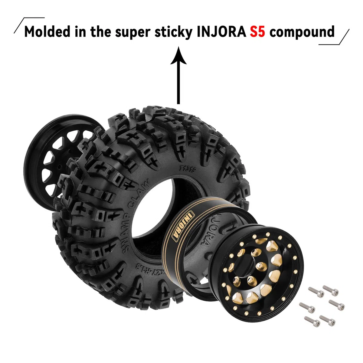 INJORA 1.3 "Ruote Pneumatici Set S5 Swamp Claw Mud Terrain Pneumatici 70 * 27mm per 1/18 1/24 RC Crawler Car (Nero Ottone)