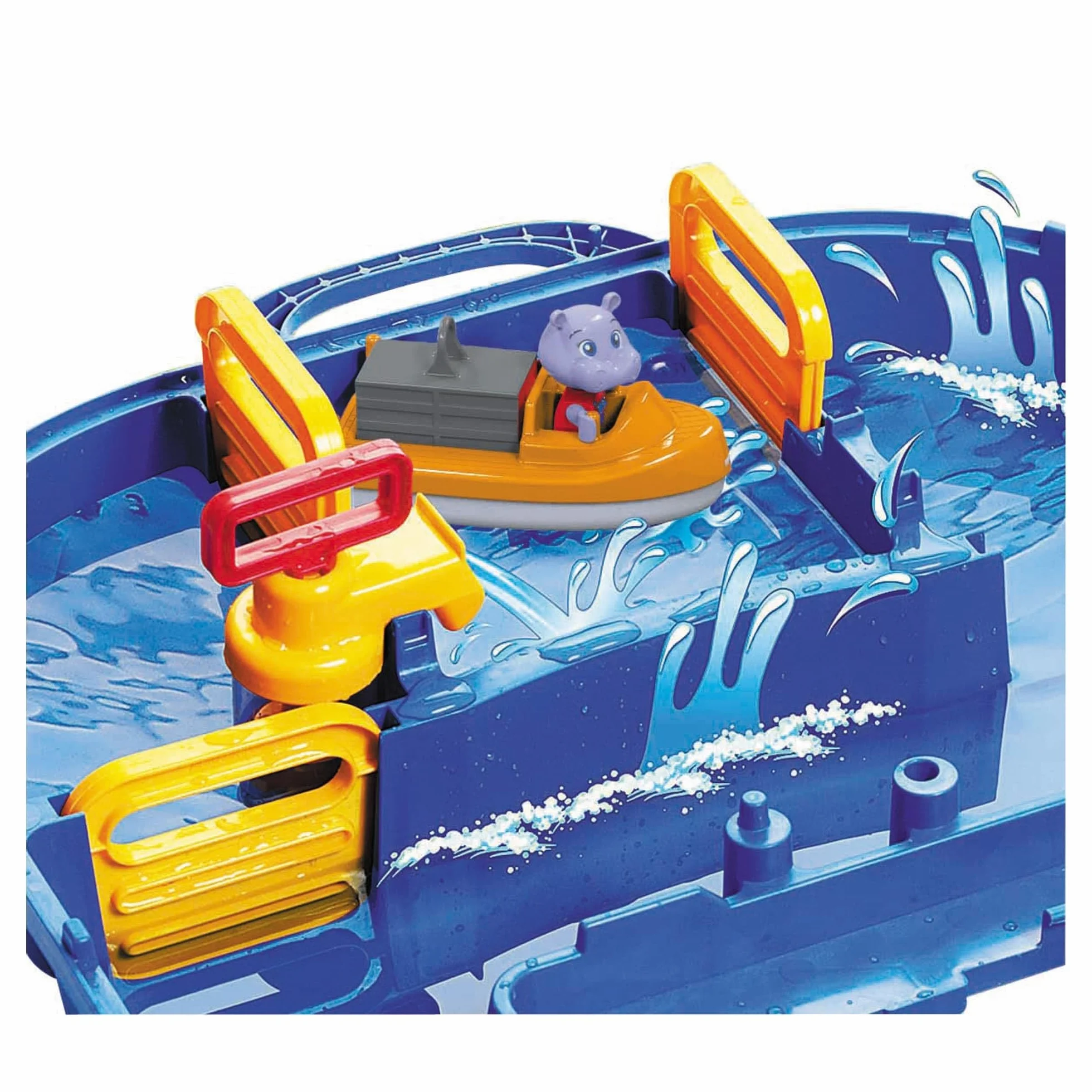BIG Aquaplay - Lockbox Circuito Acquatico, 8700001516, + 3 Anni, con 27 Pezzi e Playset Incluso 1 Wilma Hippo, Auto Anfibio e Barca Portacontainer