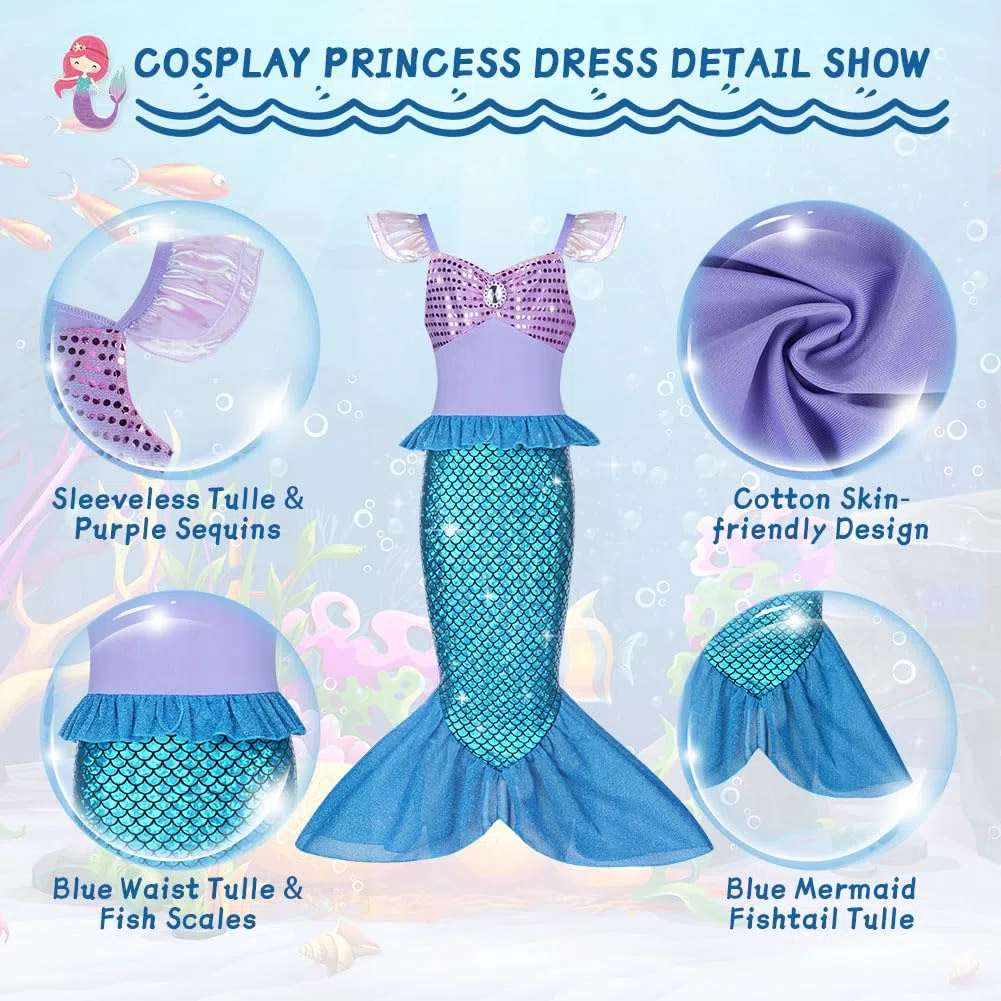 AOOWU Vestito Sirenetta Bambina, Sirena Principessa Vestito Costume con Parrucca, Vestiti Sirenetta Costumi Cosplay Sirena per Halloween, Natale, Cosplay, Compleanno