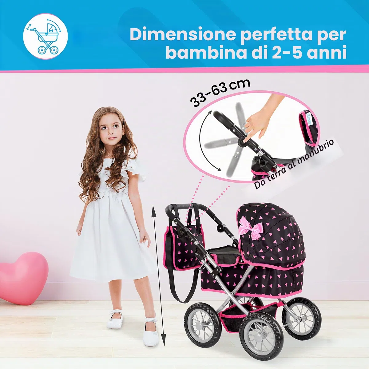 Kinderplay Carrozzina per Bambole con Gondola – Manico Regolabile 33–63 cm – Adatta a Bambole fino a 41 cm – Ruote in Schiuma Silenziose – Passeggino Giocattolo 3+