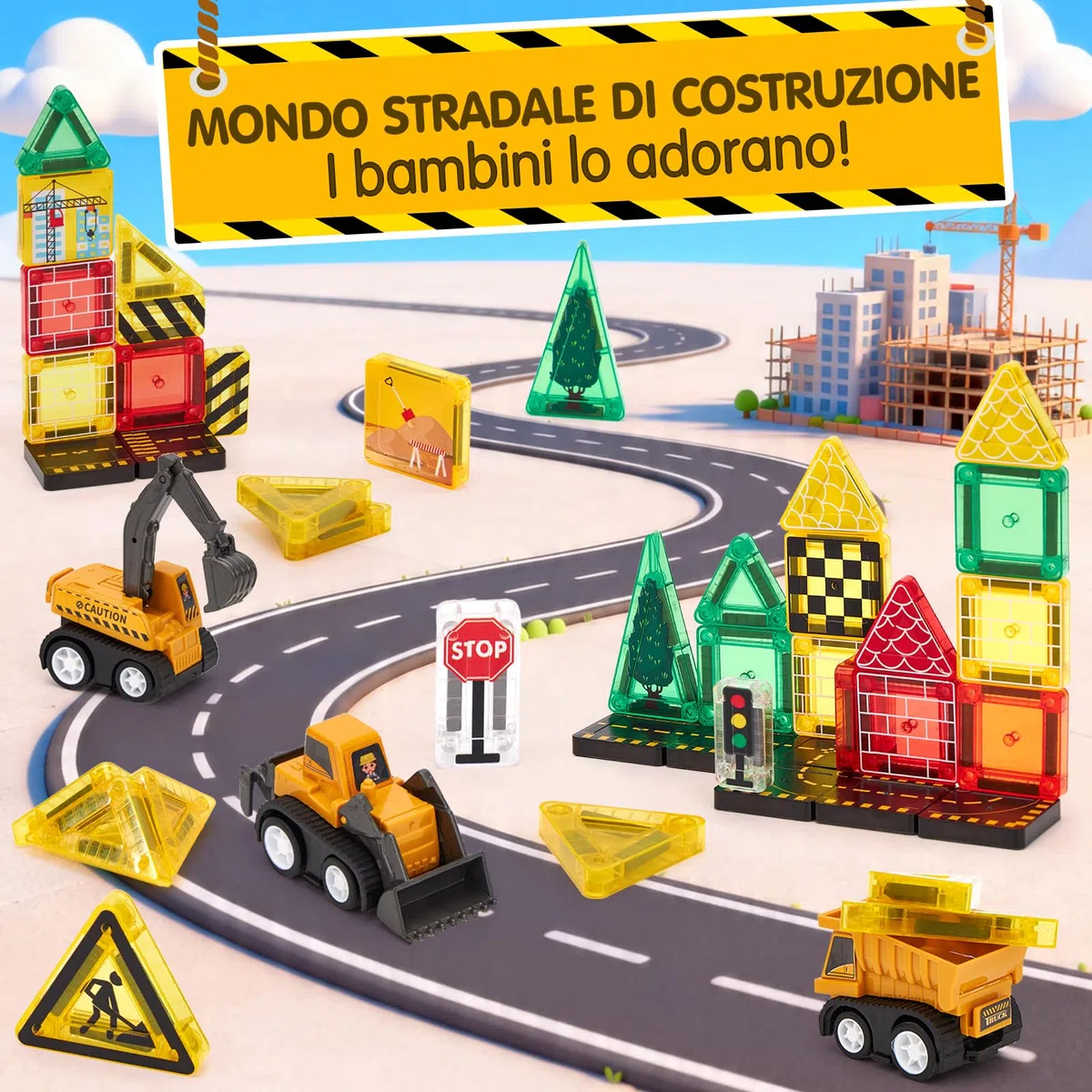 hahaland Costruzioni Magnetiche da Viaggio 42 Pezzi, Tessere Magnetiche Bambini 3+ Anni Tema Cantiere con Veicoli, Giochi Magnetici per Viaggi in Auto e Aereo, Regalo Compleanno 3 4 5 anni
