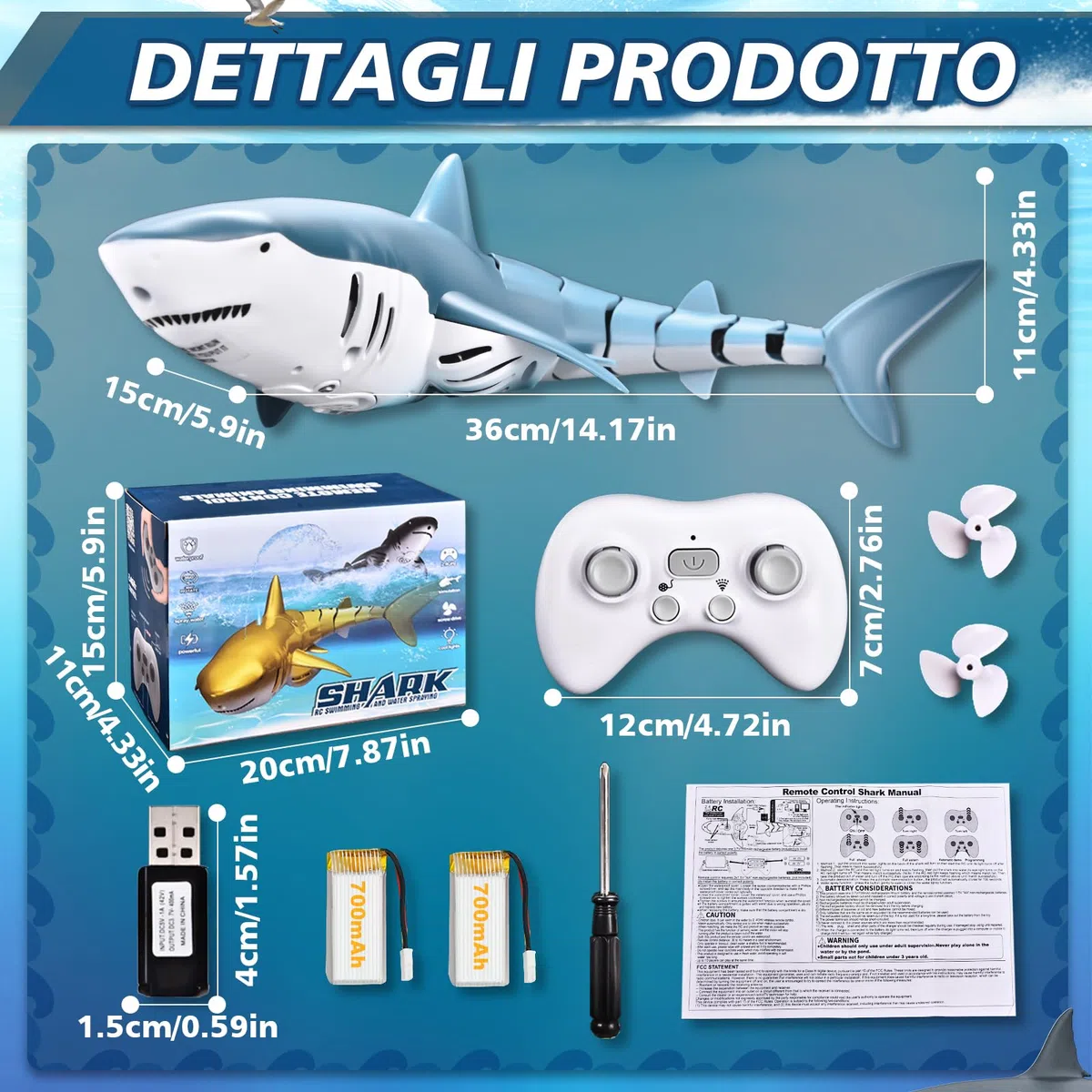 YOOHBERRYS Squalo Telecomandato, 2.4GHz Squalo Giocattolo, Barca Squalo RC con Luci e Getti d'acqua, Giocattolo da Piscina Regalo per 6+ Anni Ragazzo Ragazza (Illuminazione e Spruzzatura dell'acqua)