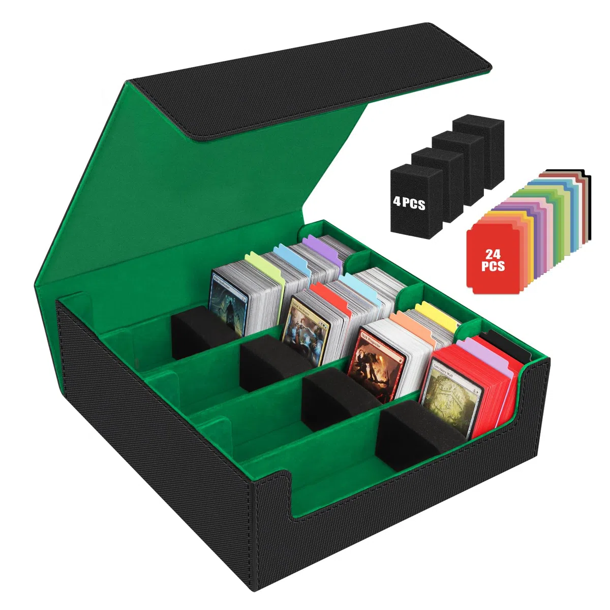 Scatola per Carte per Oltre 3200 Carte, Scatole per Carte Collezionabili con 24 Divisori Colorati e 4 Schiuma, Scatole per Mazzi Magnetici Premium, Custodia in pelle PU Magic the Gathering(Nero Verde)