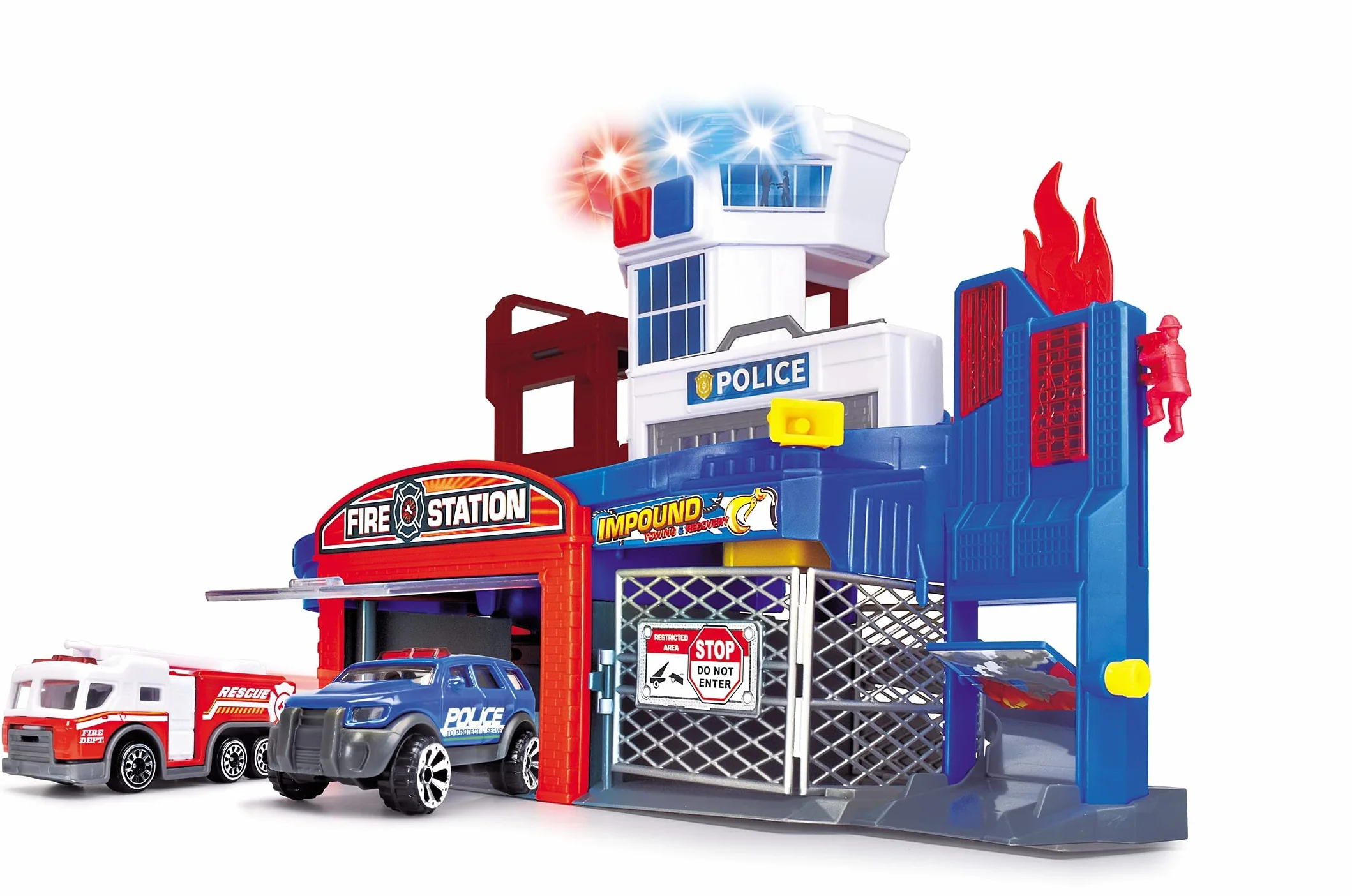 Dickie Toys 203719021 Vigili del Fuoco e della Polizia – Garage con 2 Auto Giocattolo con Ascensore, Luce Blu, Sirena, Funzione Estinzione, per Bambini dai 3 Anni, Multicolore
