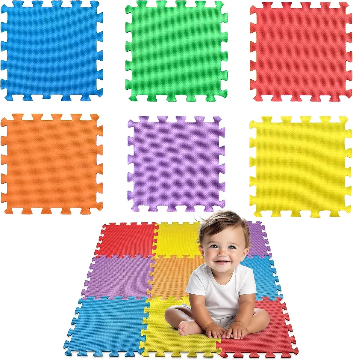 Tappeto Puzzle per Gattonamento Bambini - Set 18 Pezzi 30x30cm Con Bordo