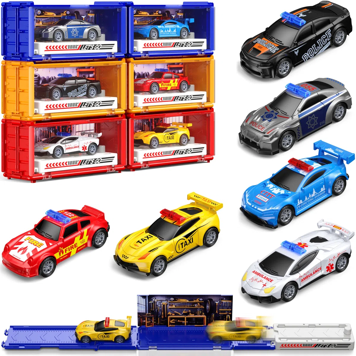 Set di giocattoli per auto, auto giocattolo in metallo con pista e garage, piccole auto per bambini dai 3 anni in su, regalo di compleanno per ragazzi e ragazze