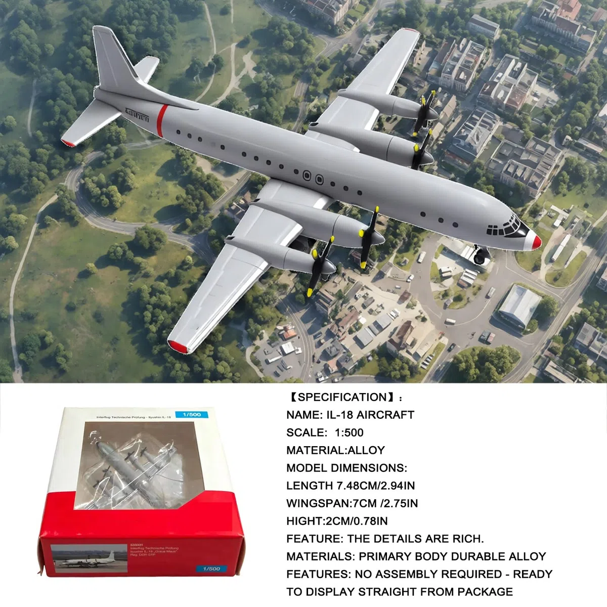 Modello aereo pressofuso lega IL-18 in scala 1:500 Decorazione tavolo alta precisione, espositore collezione alta qualità for libreria ufficio, for collezionisti