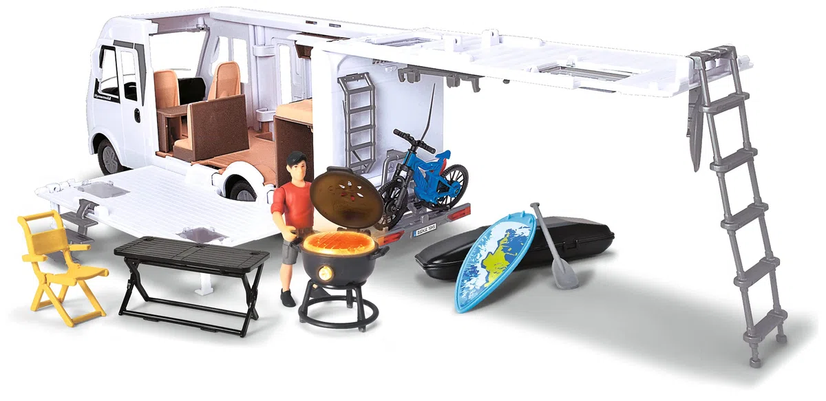 Dickie Toys - Playlife Camper Set, Hymer B-Class Motorhome, con pannello, porta laterale, gavone e tetto apribili, Incluso personaggio, E-Bike, BBQ con luci, paddling, tavolo con sedia