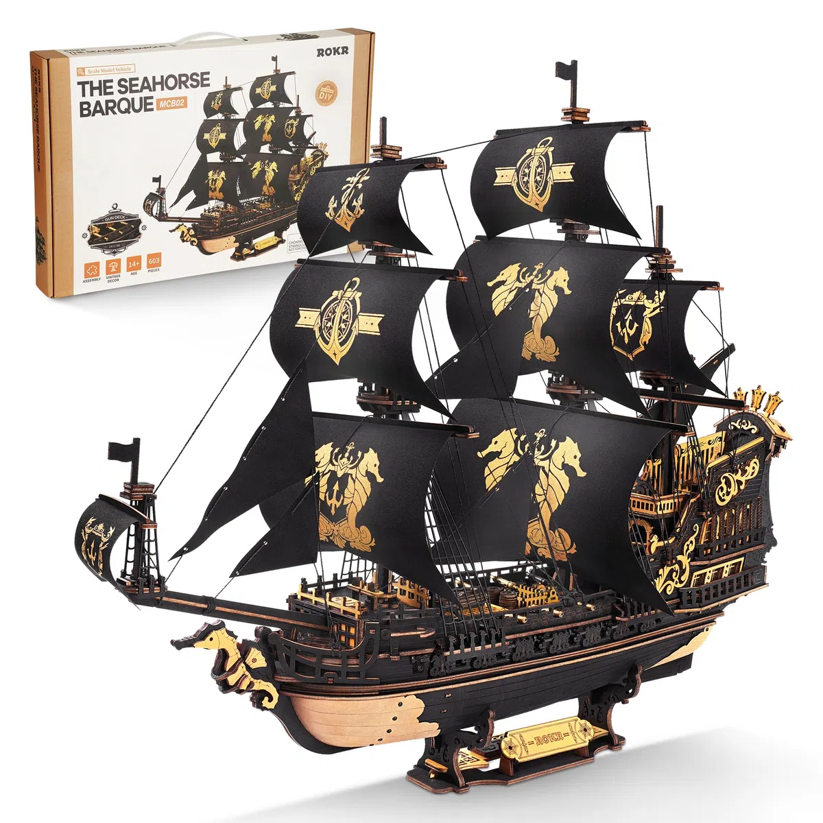 ROKR Kit di Modelli di Barche in Legno Con Puzzle 3D per Adulti, Barca a Vela Fai Da Te Meccanica, Kit di Modelli per Adulti, The Seahorse Barque MCB02