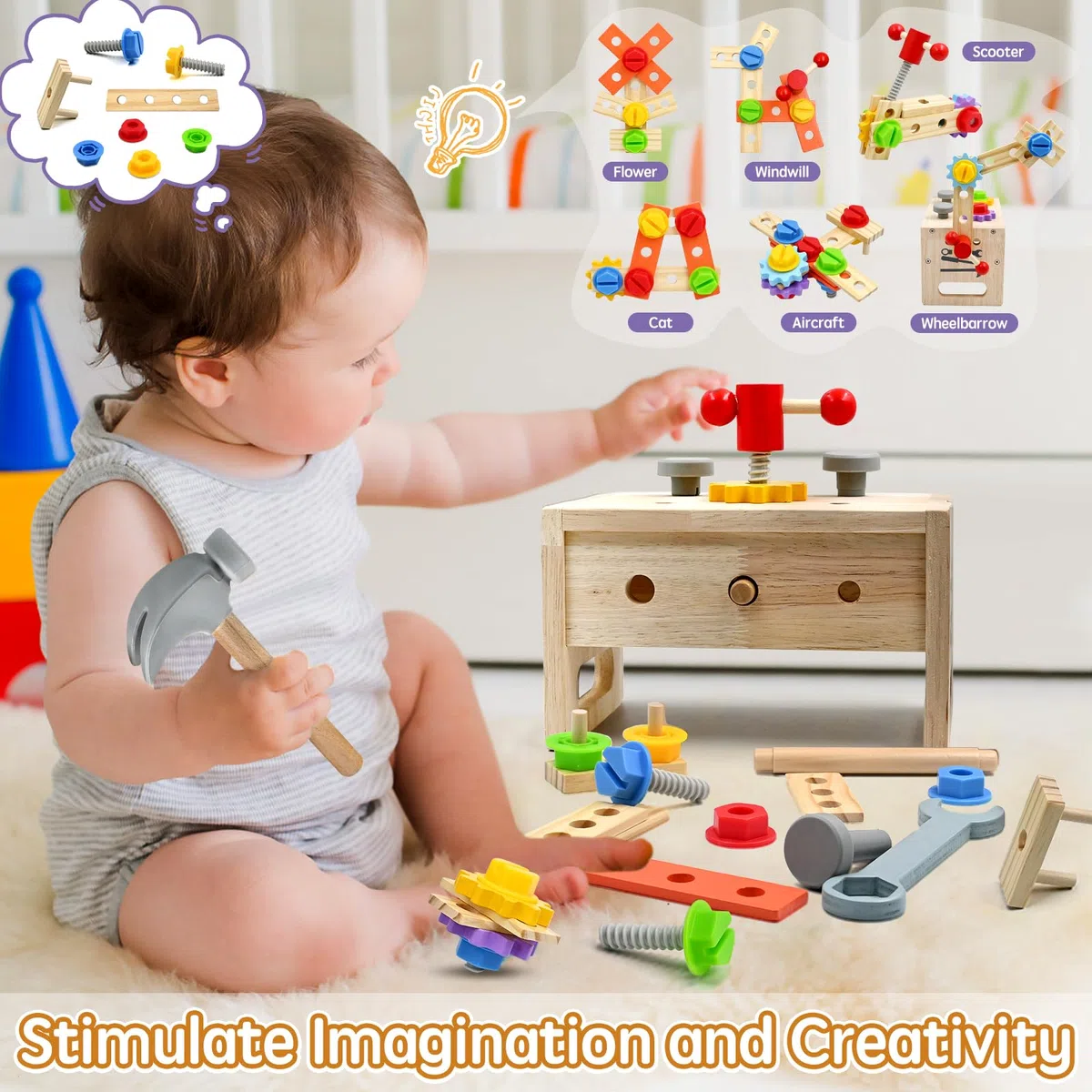 AiTuiTui Attrezzi in Legno Bambini Montessori Giochi, 29 Pezzi Cassetta con degli Attrezzi, Fai-da-Te Banco da Lavoro, Regalo Bambina Bimbo 3 4 5 6 Anni