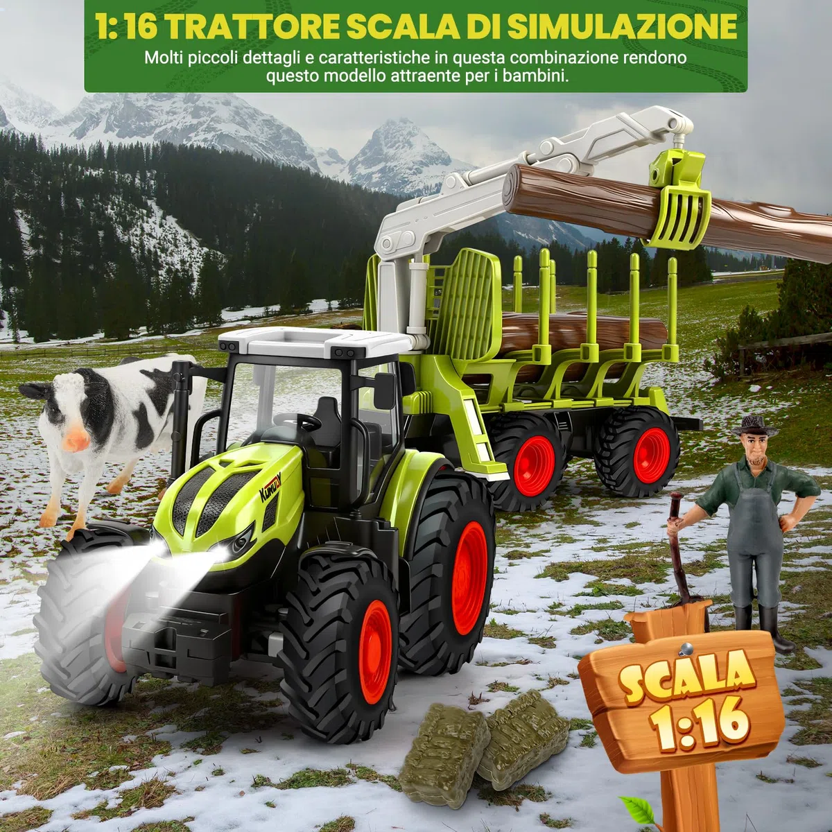 BuzzoXerex RC Trattore Telecomandato per Bambini, 2,4 Hz Trattore Radiocomandato con Rimorchio Giocattolo e Luce, Trattore Giocattolo per Bambini 3 4 5 anni