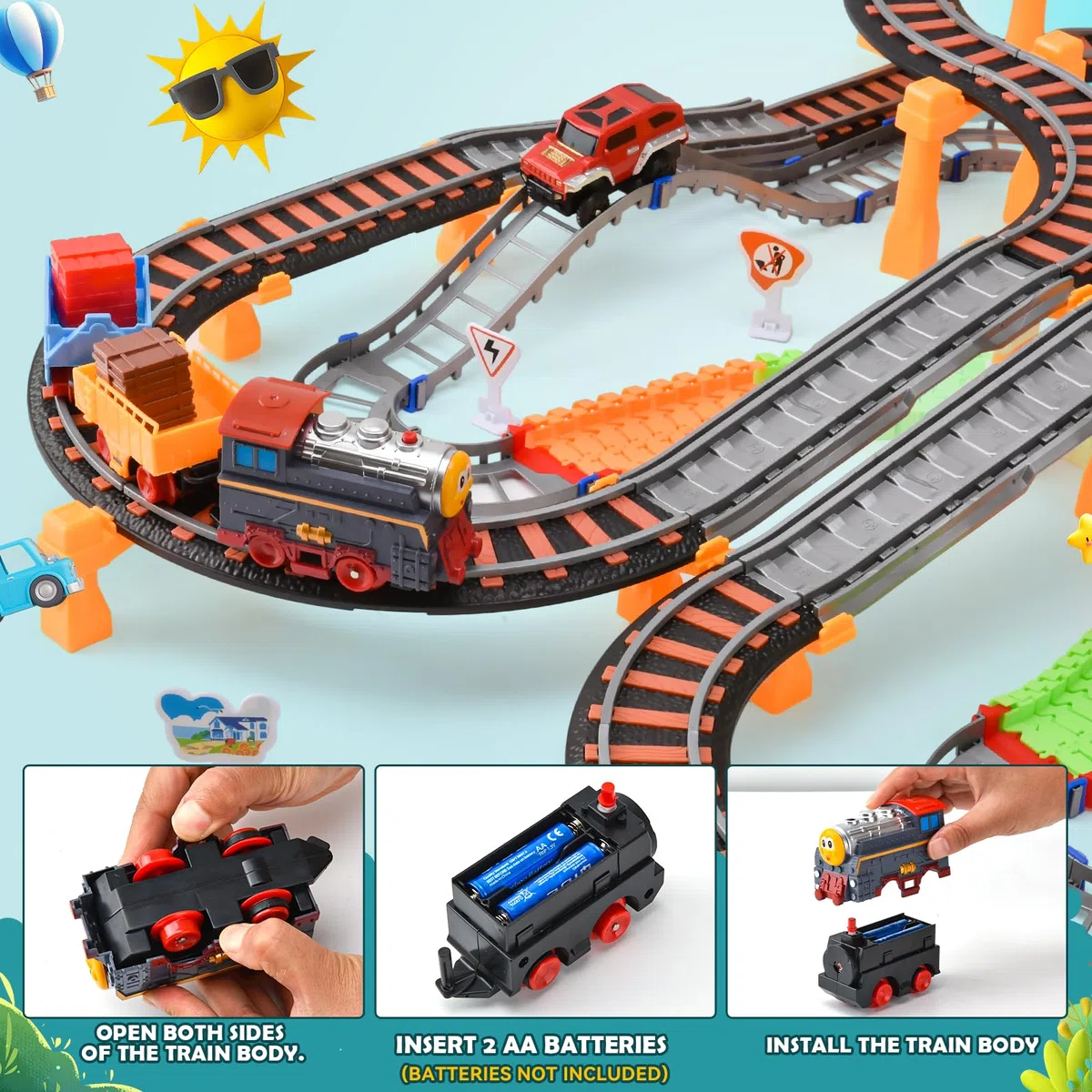 Trenino Elettrico per Bambini, 215 PCS Piste Macchinine per Bambini, Giocattolo Auto Pista Flessibile, Piste per Automobili con Ponte, Regalo Natale Compleanno 3-12 Anni