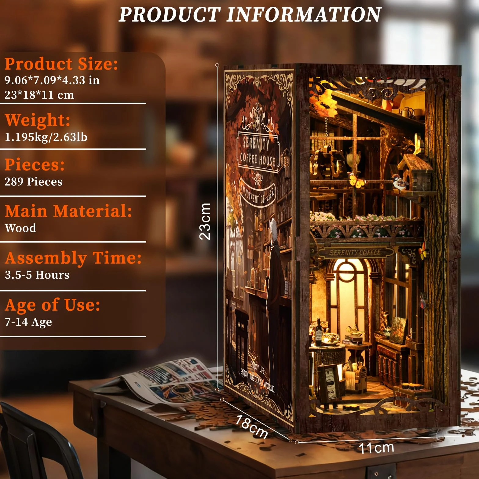 GuKKK Book Nook Kit, Own Bookstore Booknook Puzzle in Legno 3D, Costruzione di Modellini con Mobili e Luce LED in Legno Book Scaffale Inserto Decorazione, Regalo di Vacanza (Caffetteria)