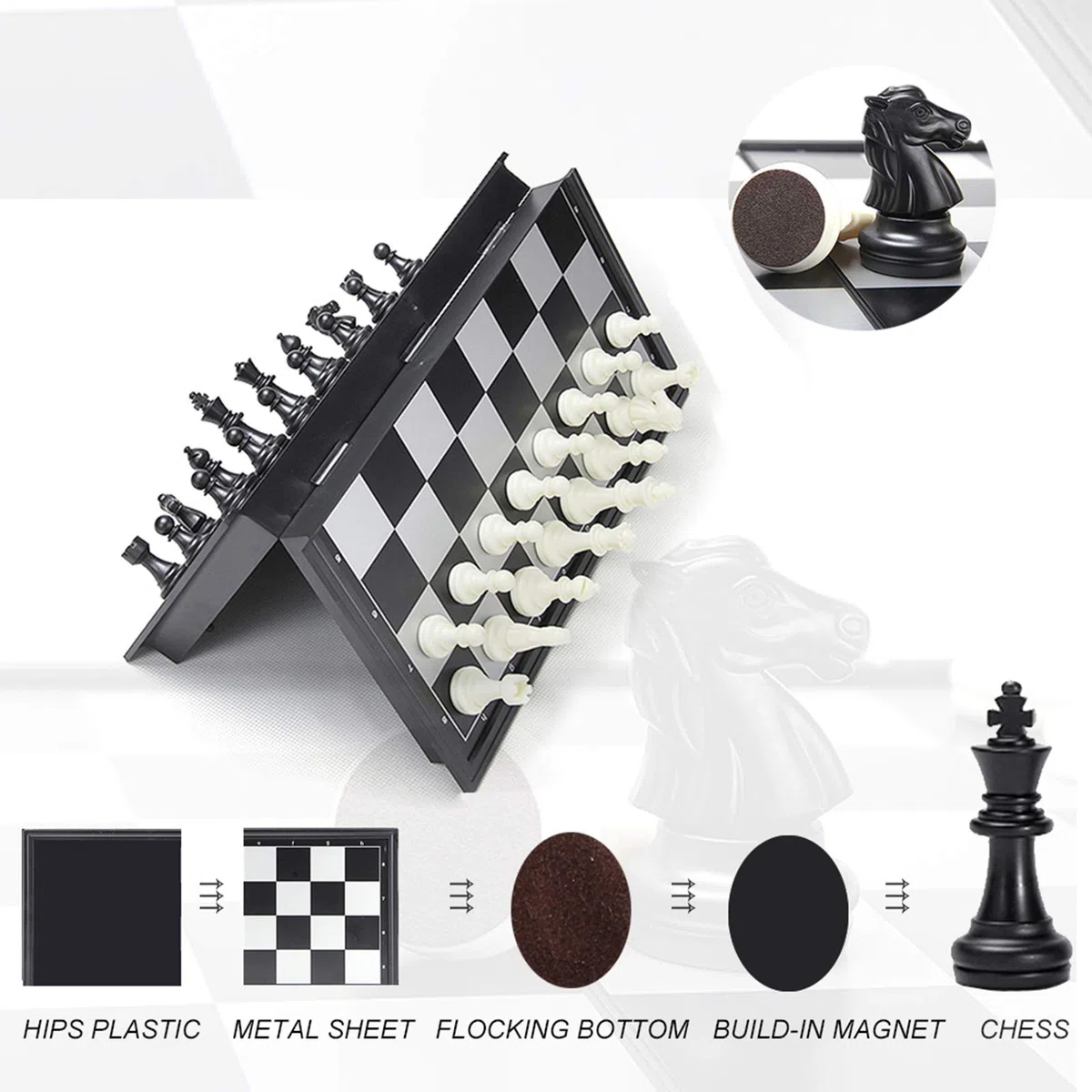 Scacchi da viaggio Scacchiera magnetica pieghevole, pezzi in bianco e nero, conveniente, giocattoli educativi/regalo per bambini e adulti (36 x 36 cm)
