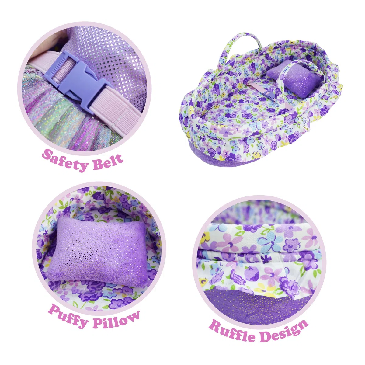 Cozy Dream - Culla portatile per bambole, adatta per bambole americane fino a 36 cm, cuscino morbido e fibbia di sicurezza inclusi, viola