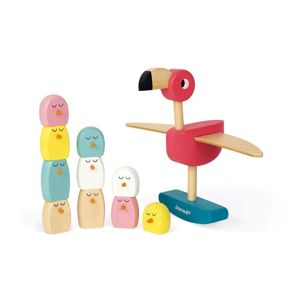 Janod - Gioco di Equilibrio Fenicottero Rosa Zigolos (Legno), Gioco di manipolazione, trattato con Vernici ad Acqua, per Bambini dai 3 Anni in su, J08230, Multicolore