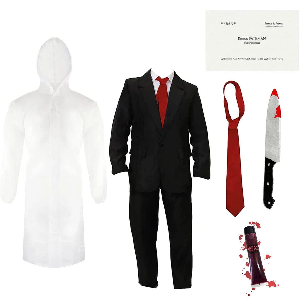 Costume da Patrick Bateman per adulti - Tuta nera, impermeabile trasparente, cravatta rossa, ascia finta, biglietto da visita e sangue finto - personaggio della TV americana psicopatica da uomo