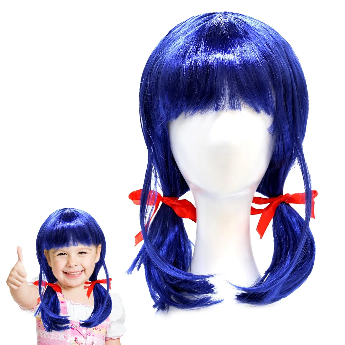 Parrucca Ladybug per Bambini, Parrucca Cosplay Blu Corta, Parrucca Ladybug Ragazze con Fiocchi Rossi, Parrucca Cosplay Anime, per Ragazze Cosplay Anime Costume Masquerade
