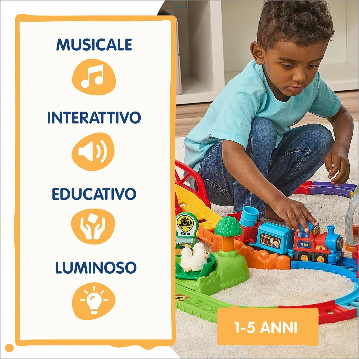 VTech Vroom Vroom Go - Avventure in Treno, Pista Trenino Elettrico con Ostacoli, Inclusa Locomotiva Motorizzata e Vagoni, 6 Zone Magiche, Lingua Italiana, Batterie Incluse, 1-5 Anni